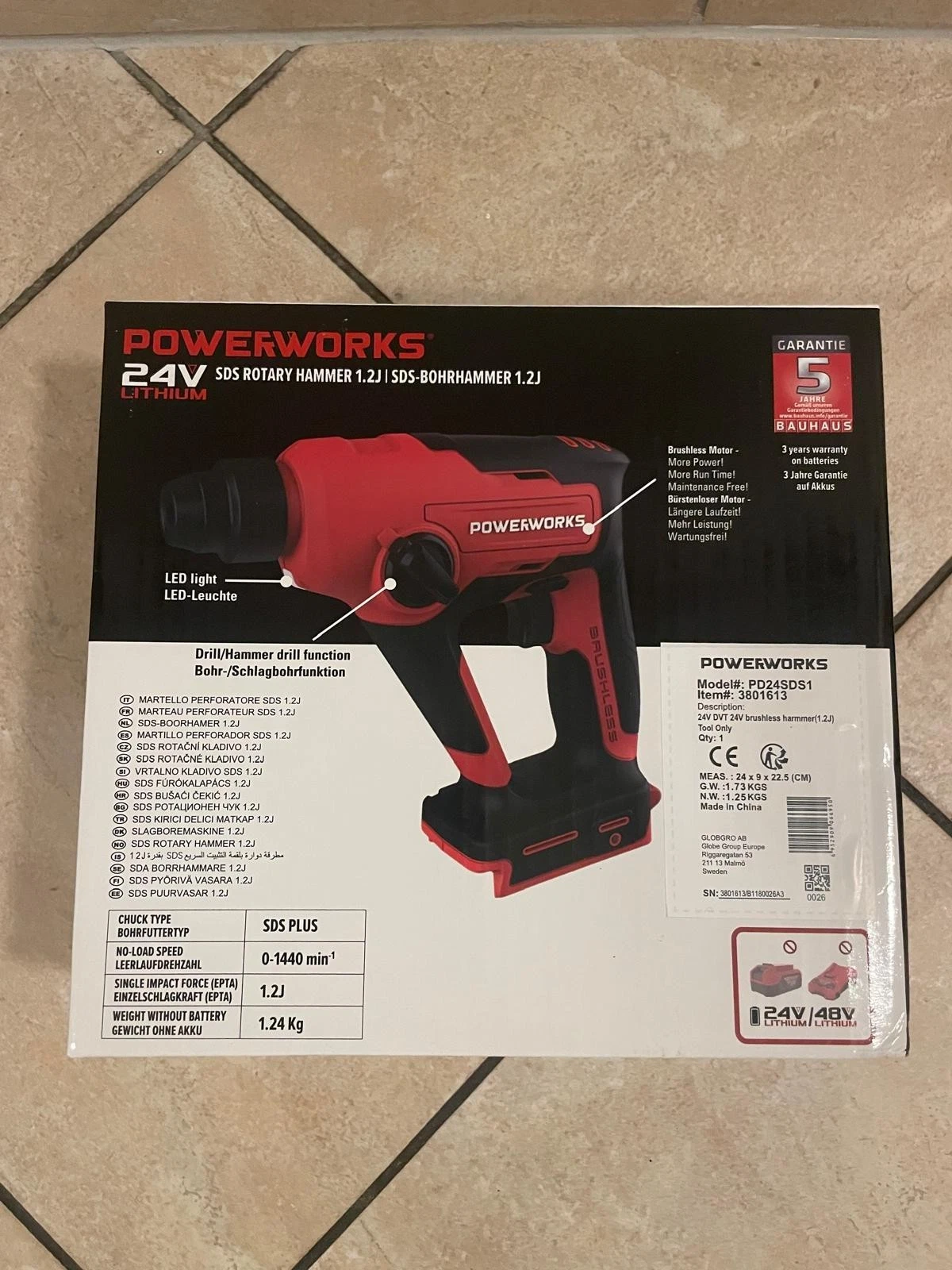 Powerworks Akku-Bohrhammer PD24SDS1 24V SDS-Plus 1,2J ohne Akku & Ladegerät NEU